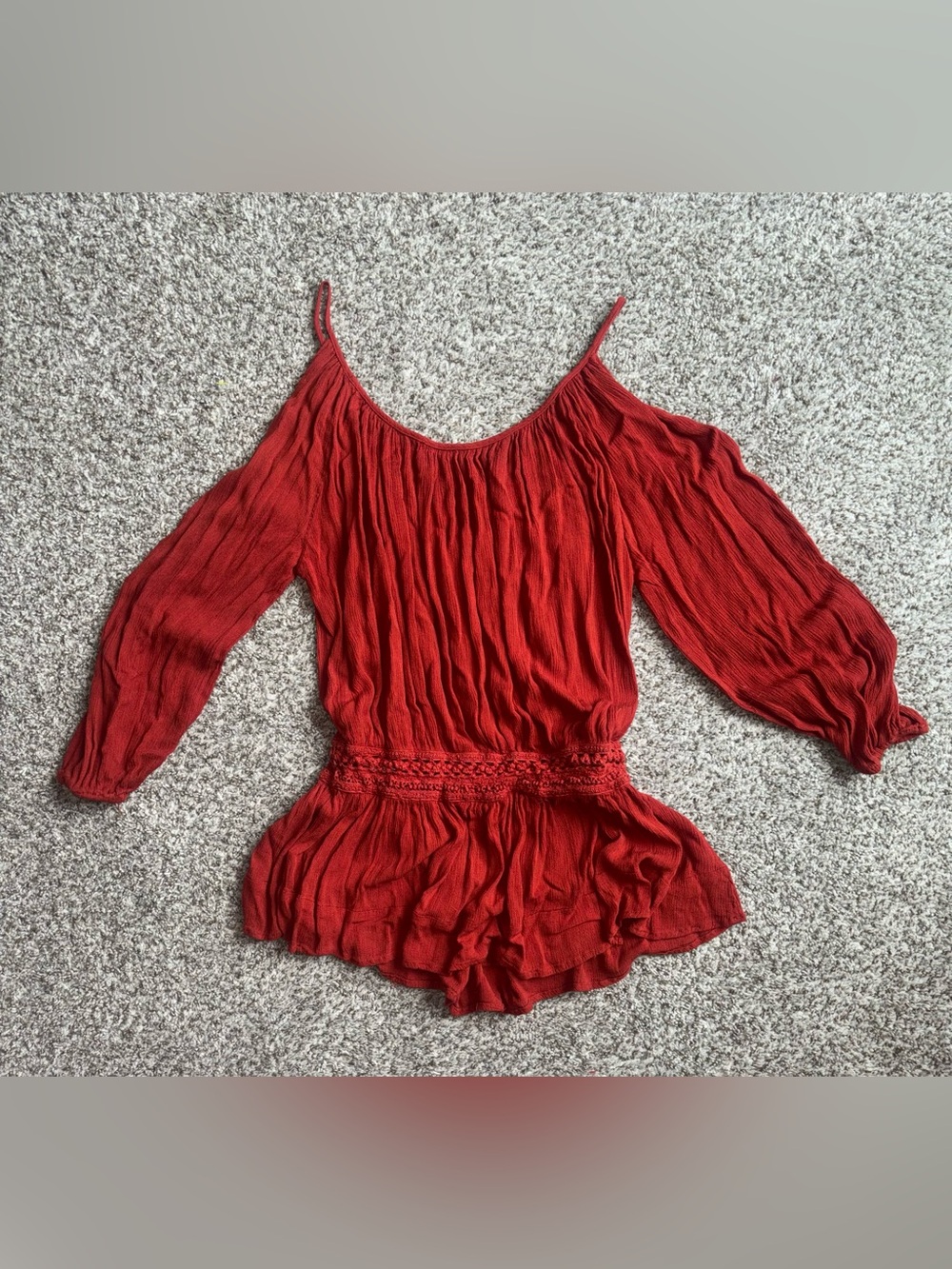 Boho Burnt Orange Peasant Top ✶ Off Shoulder Cinched Waist Festival Blouse - Picture 6 of 6